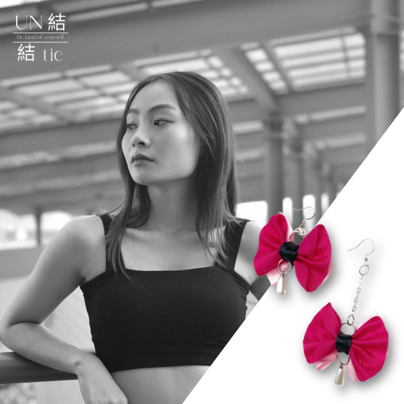 『耳环』手工招桃花蝴蝶结 粉色垂坠耳环 个性耳环