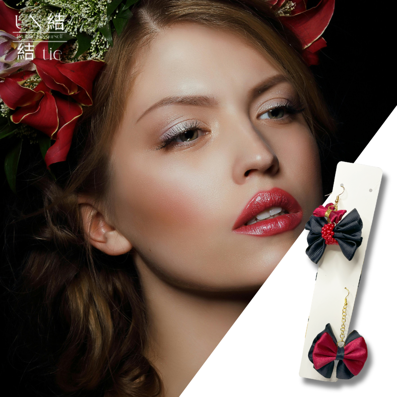 Crimson Night Whispers – Asymmetrical Ribbon and Pearl Dangle Earrings