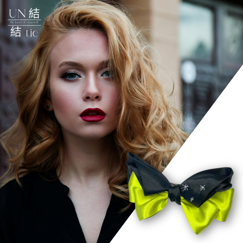 Handmade Black and Neon Yellow Bow Hair Clip with Glitter Embroidery
