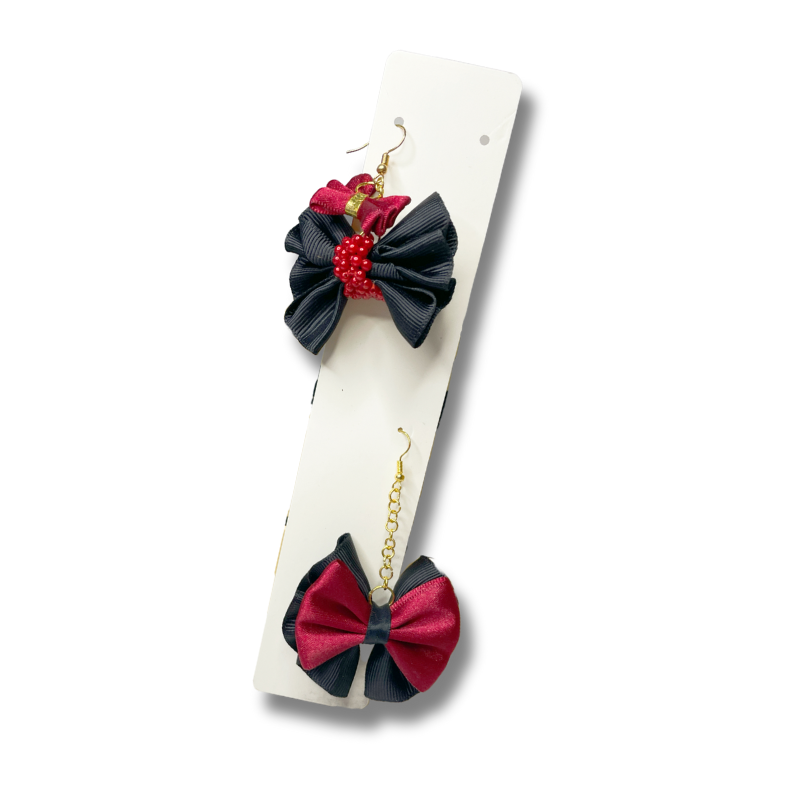 Crimson Night Whispers – Asymmetrical Ribbon and Pearl Dangle Earrings
