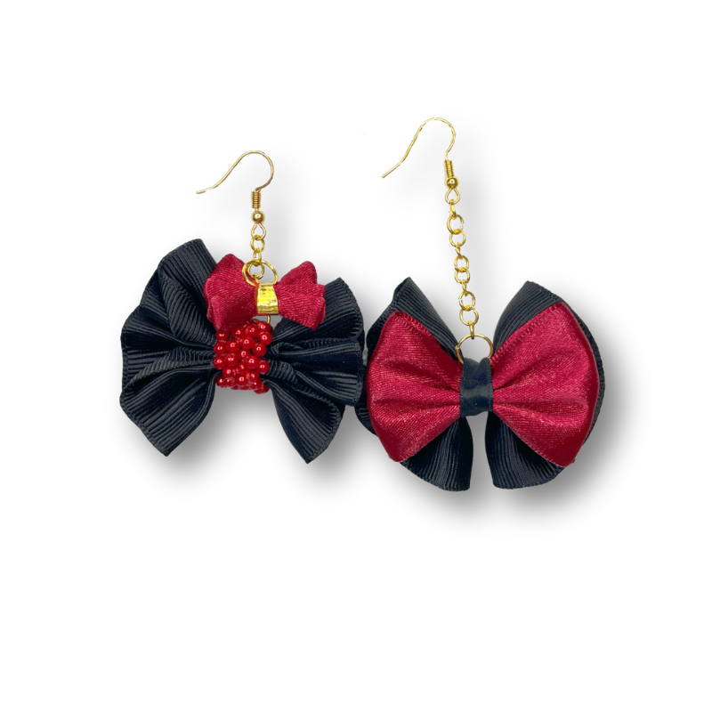 Crimson Night Whispers – Asymmetrical Ribbon and Pearl Dangle Earrings