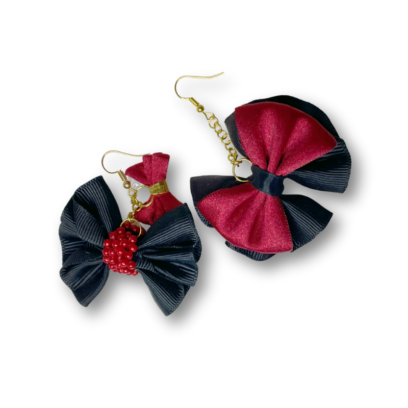 Crimson Night Whispers – Asymmetrical Ribbon and Pearl Dangle Earrings