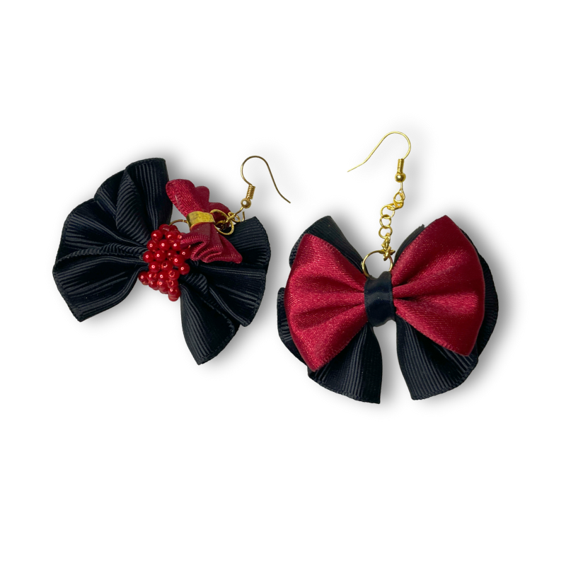 Crimson Night Whispers – Asymmetrical Ribbon and Pearl Dangle Earrings
