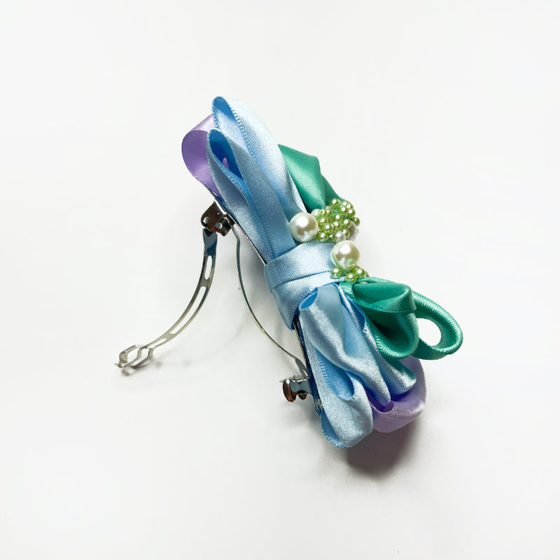 Morning Dreamscape – Multi-Layered Bow Hair Clip with Pearls | Sky Blue, Mint Green, and Soft Lavender Ribbons