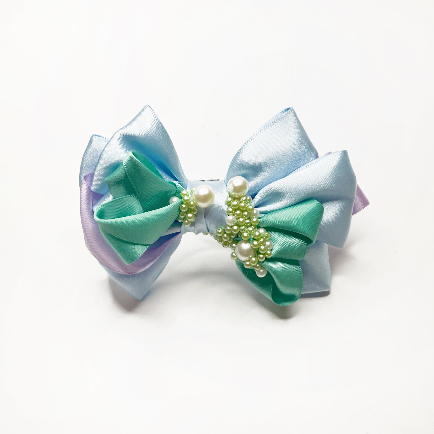 Morning Dreamscape – Multi-Layered Bow Hair Clip with Pearls | Sky Blue, Mint Green, and Soft Lavender Ribbons