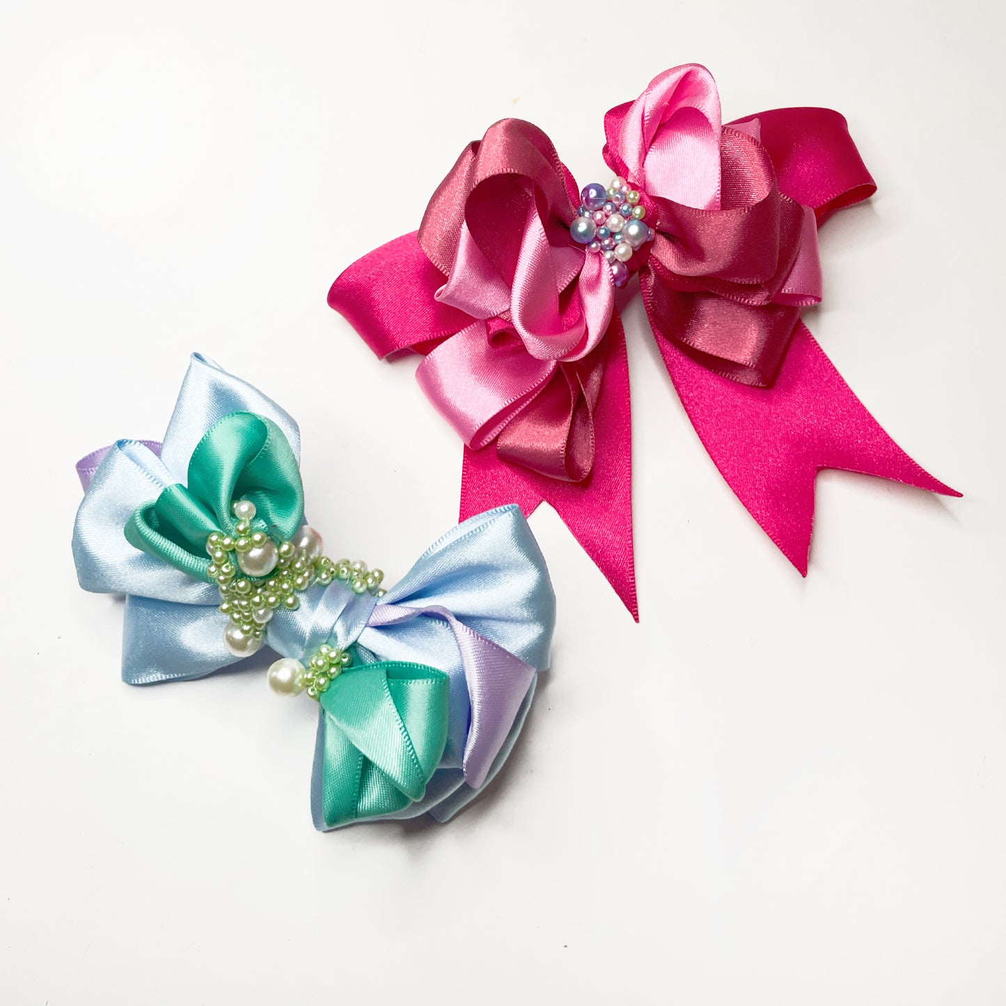 Morning Dreamscape – Multi-Layered Bow Hair Clip with Pearls | Sky Blue, Mint Green, and Soft Lavender Ribbons