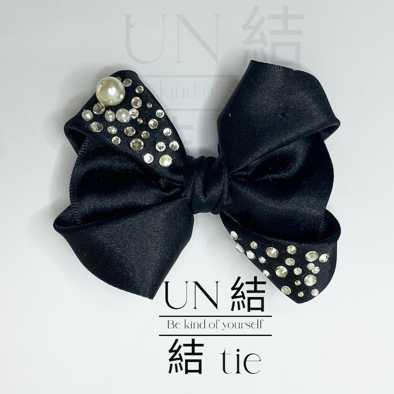 "Alligator Clip" Handmade Pearl Brooch-Style Black Satin Bow Hair Clip