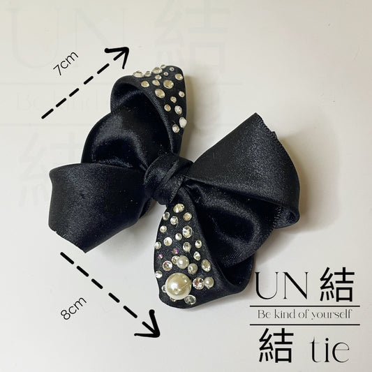 "Alligator Clip" Handmade Pearl Brooch-Style Black Satin Bow Hair Clip