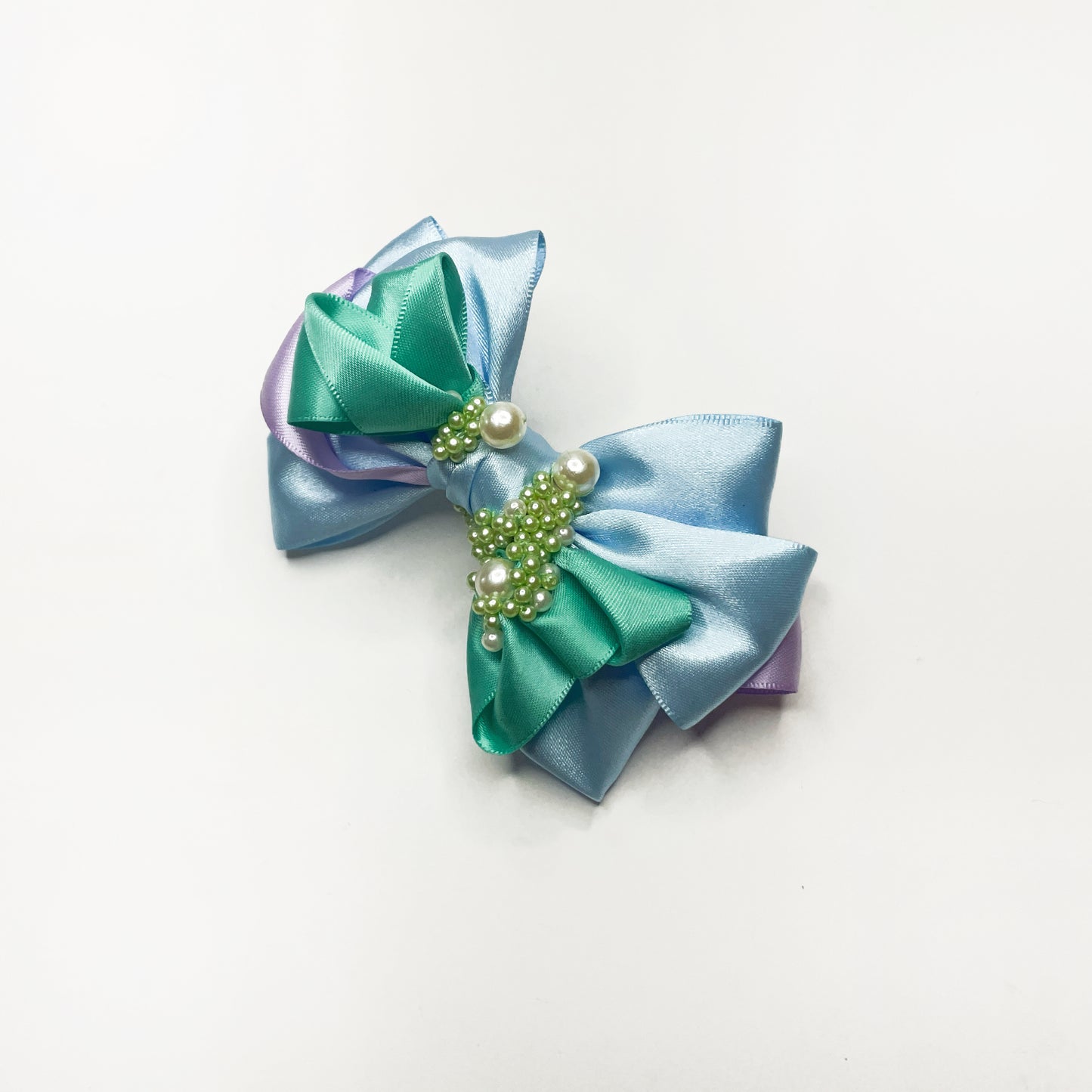 Morning Dreamscape – Multi-Layered Bow Hair Clip with Pearls | Sky Blue, Mint Green, and Soft Lavender Ribbons