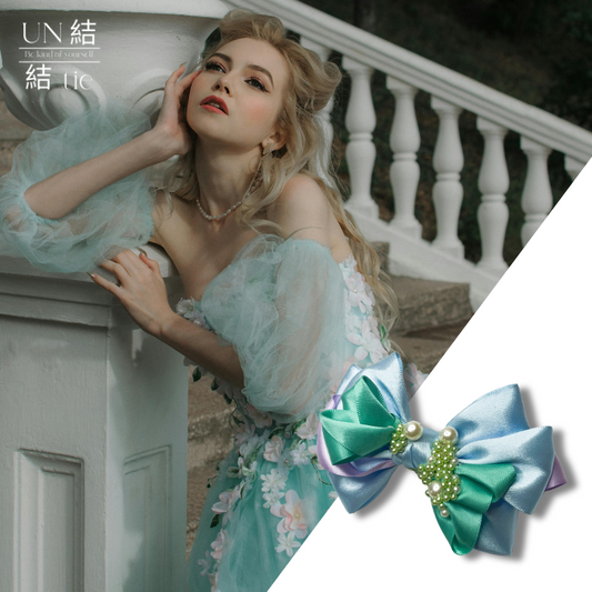 Morning Dreamscape – Multi-Layered Bow Hair Clip with Pearls | Sky Blue, Mint Green, and Soft Lavender Ribbons