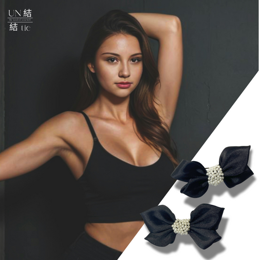 "Snap Hair Clip" Handmade Pearl-Accented Black Satin Bow Hair Clips | Set of Two