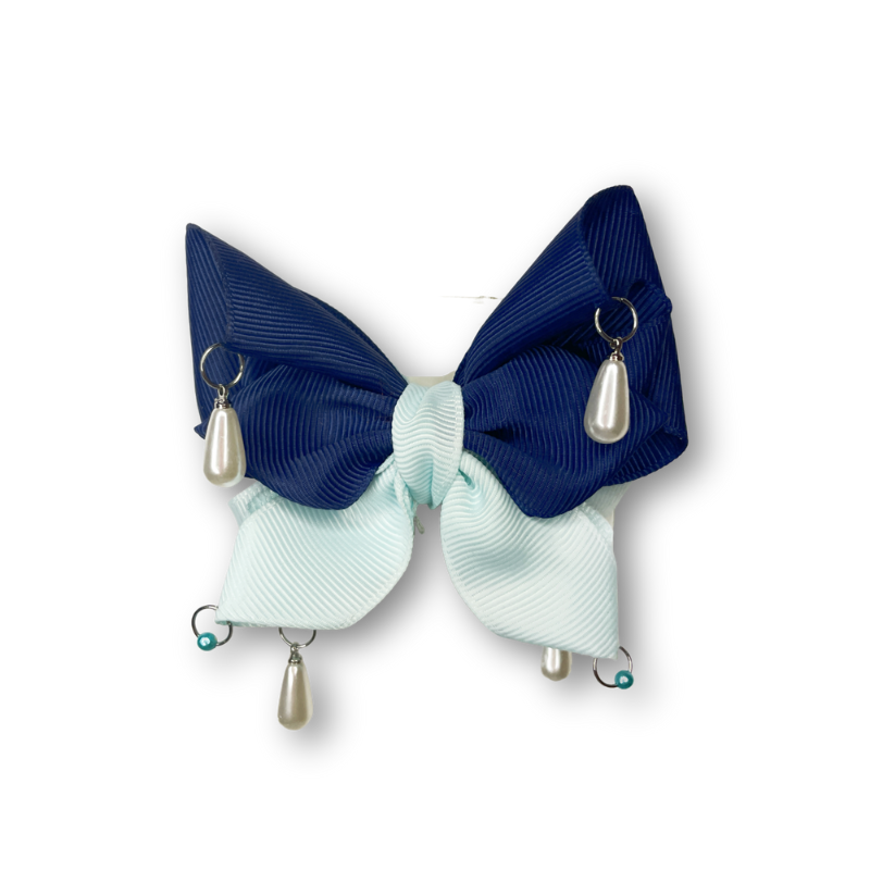 Midnight and Sky – Three-Piece Bow Accessory Set | Pearl-Accented Hair Clip, Satin & Textured Ribbon, Elegant Brooch