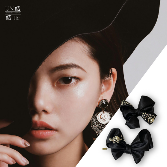 "Alligator Clip" Handmade Pearl Brooch-Style Black Satin Bow Hair Clip