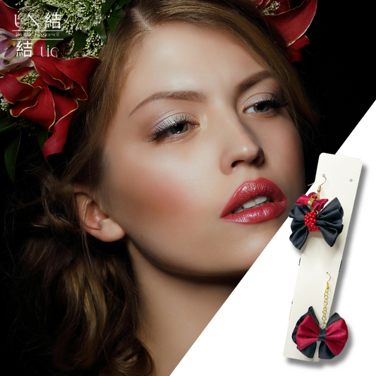 Crimson Night Whispers – Asymmetrical Ribbon and Pearl Dangle Earrings