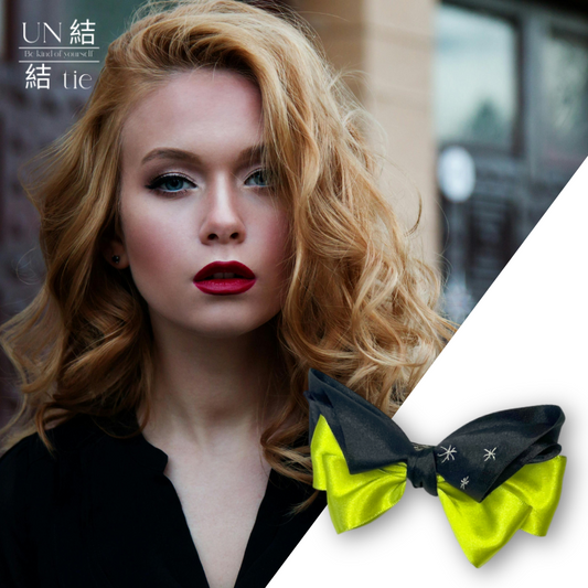 Handmade Black and Neon Yellow Bow Hair Clip with Glitter Embroidery