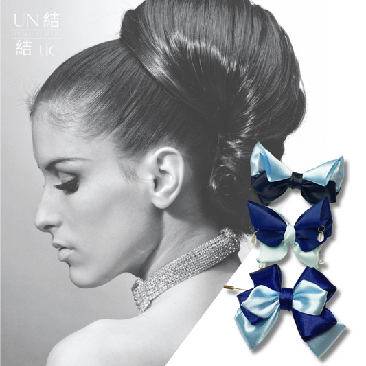 Midnight and Sky – Three-Piece Bow Accessory Set | Pearl-Accented Hair Clip, Satin & Textured Ribbon, Elegant Brooch