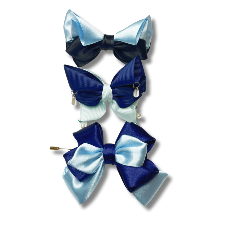 Midnight and Sky – Three-Piece Bow Accessory Set | Pearl-Accented Hair Clip, Satin & Textured Ribbon, Elegant Brooch