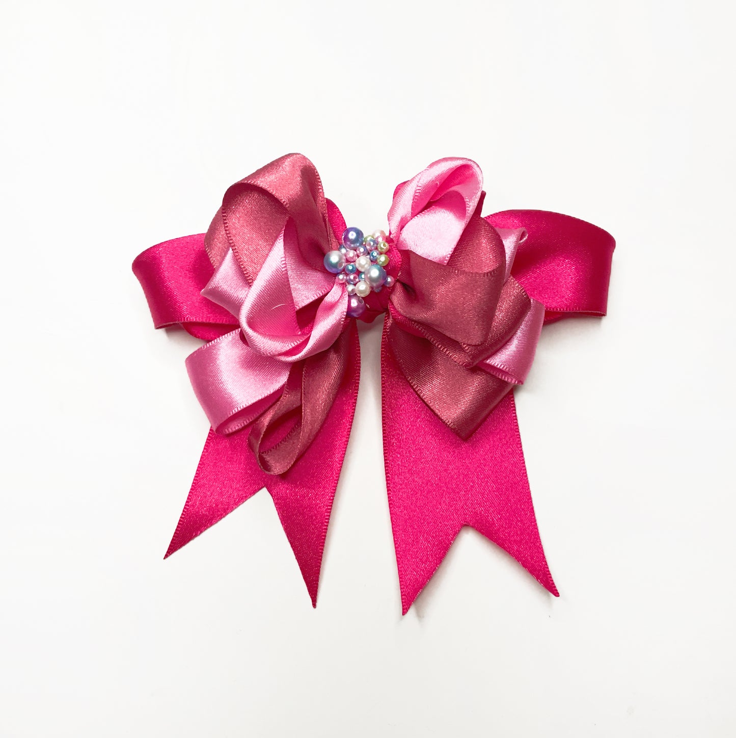 Triple-Layer Pink Bow Hair Clip – Soft Gradient Hues with Iridescent Pearl Details