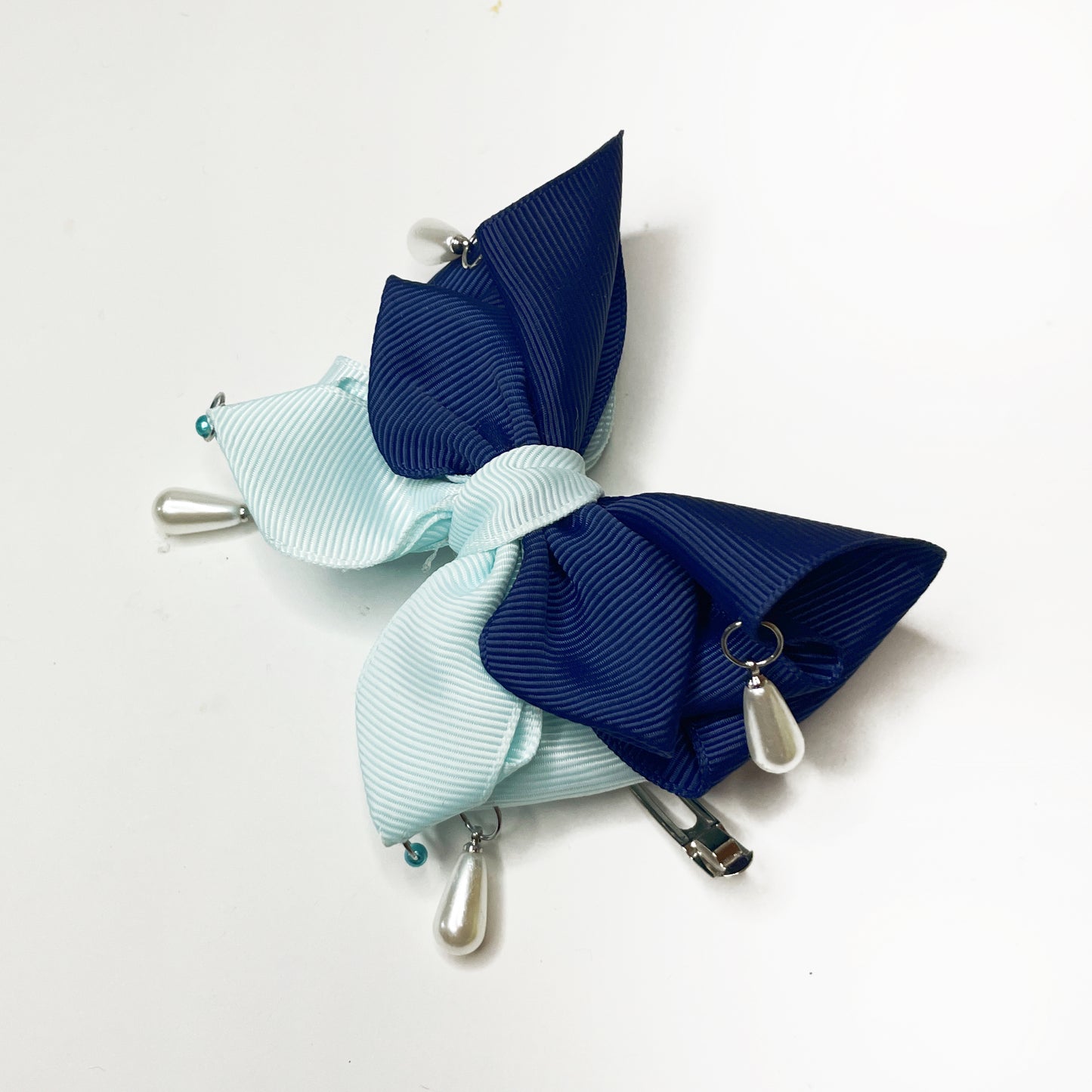 Midnight and Sky – Three-Piece Bow Accessory Set | Pearl-Accented Hair Clip, Satin & Textured Ribbon, Elegant Brooch