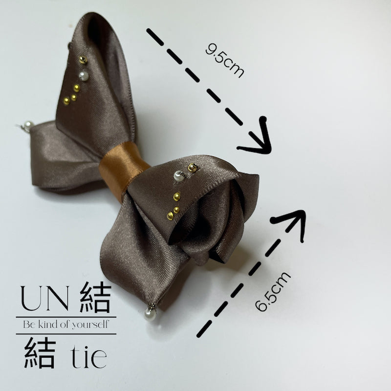 "Snap Hair Clip" Handmade Champagne Color-Block Satin Bow with Gold Beads and Rhinestones