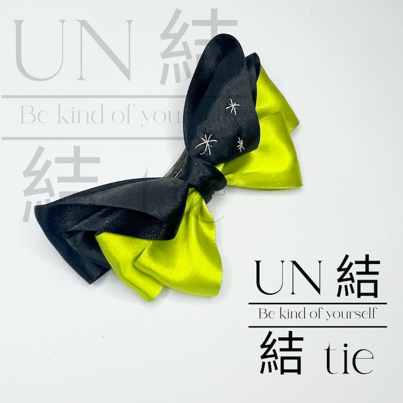 Handmade Black and Neon Yellow Bow Hair Clip with Glitter Embroidery