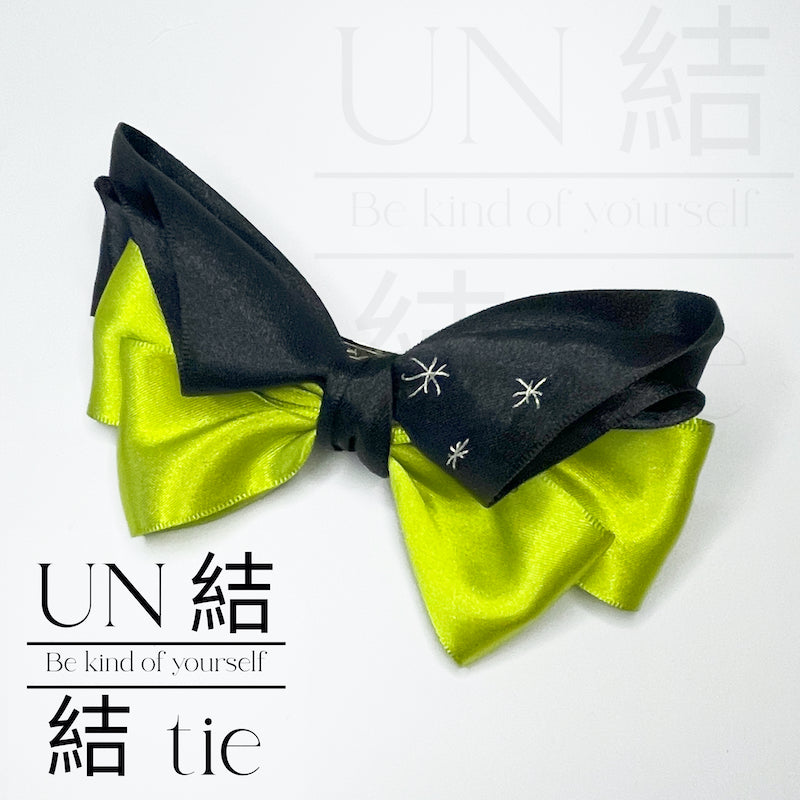 Handmade Black and Neon Yellow Bow Hair Clip with Glitter Embroidery