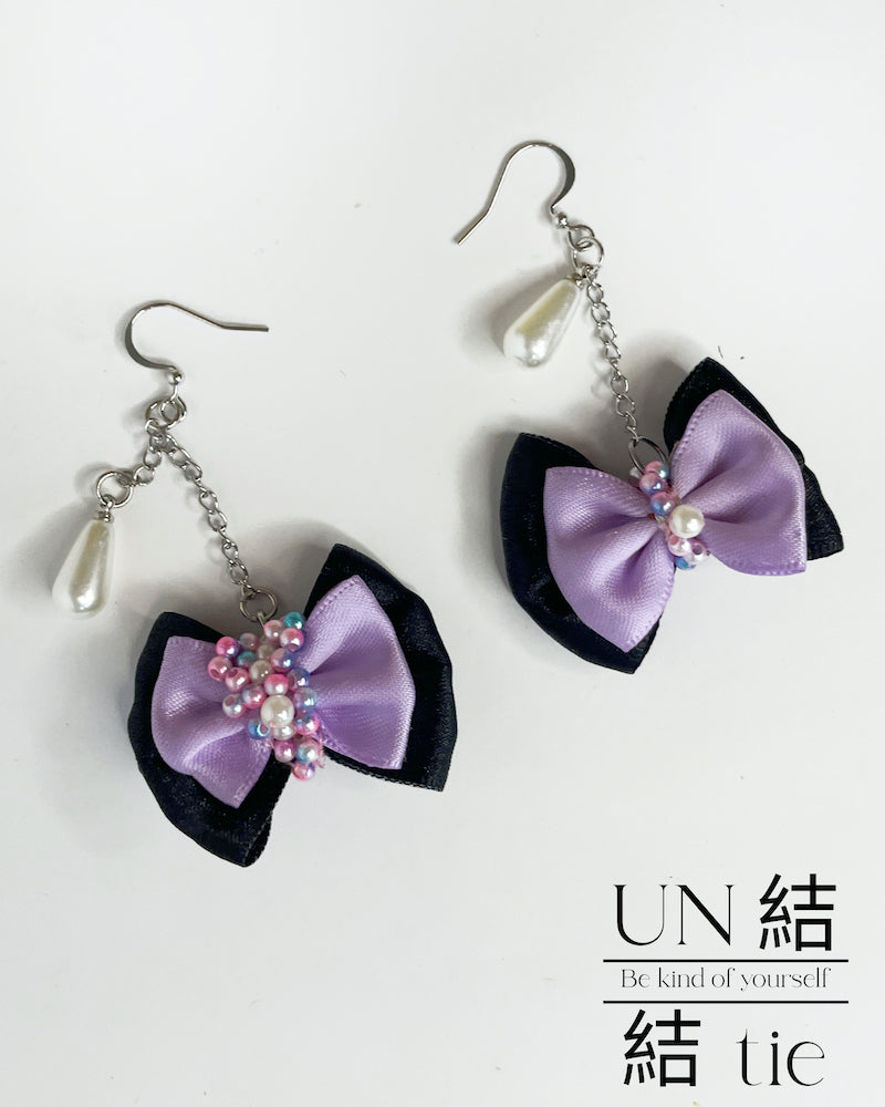 "Hook Earrings" Handmade Purple Beaded Embroidery & Black Design Bow Dangle Earrings