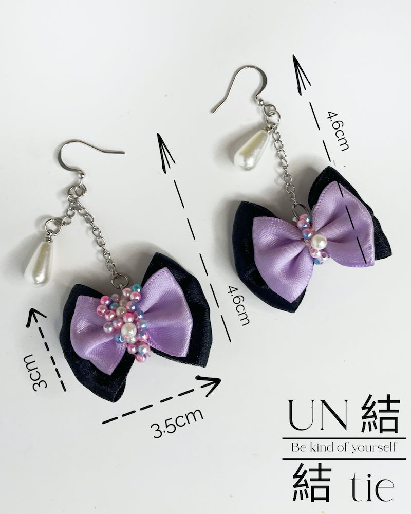 "Hook Earrings" Handmade Purple Beaded Embroidery & Black Design Bow Dangle Earrings