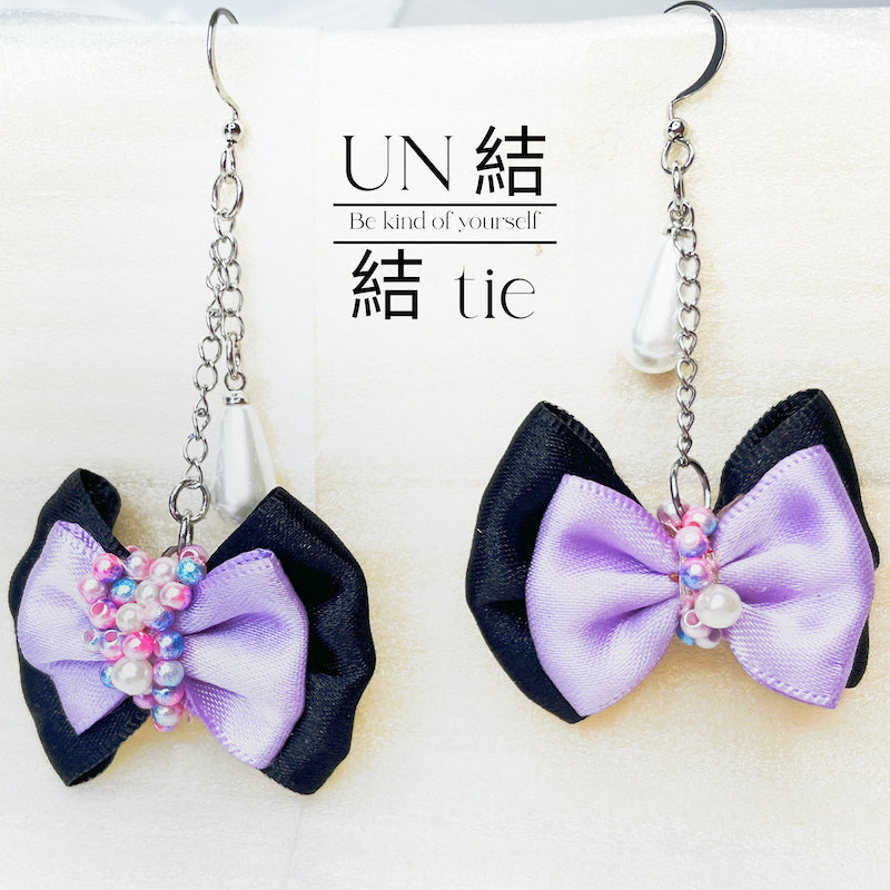 "Hook Earrings" Handmade Purple Beaded Embroidery & Black Design Bow Dangle Earrings