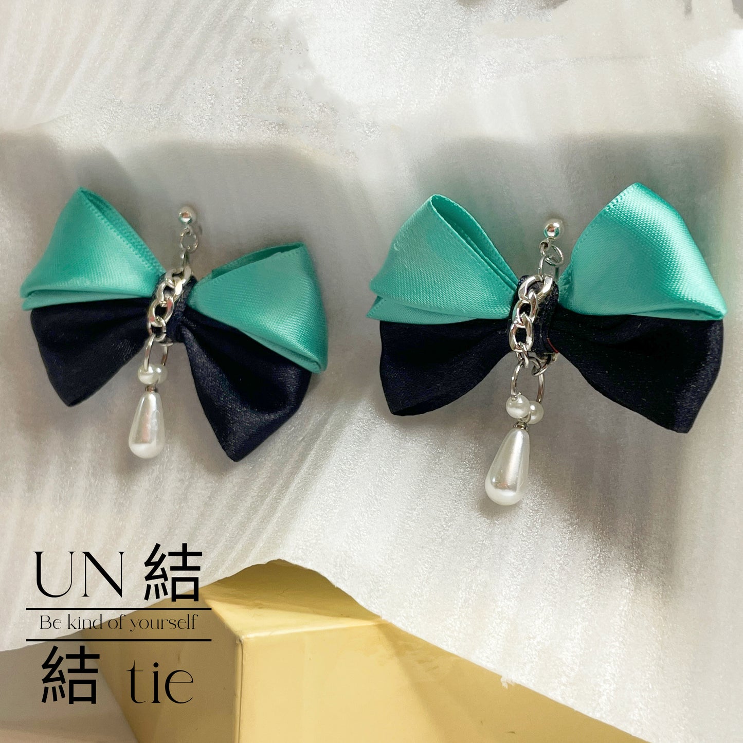 『垂坠耳钉』手工蒂芬尼绿黑色猫耳珍珠设计耳坠耳环