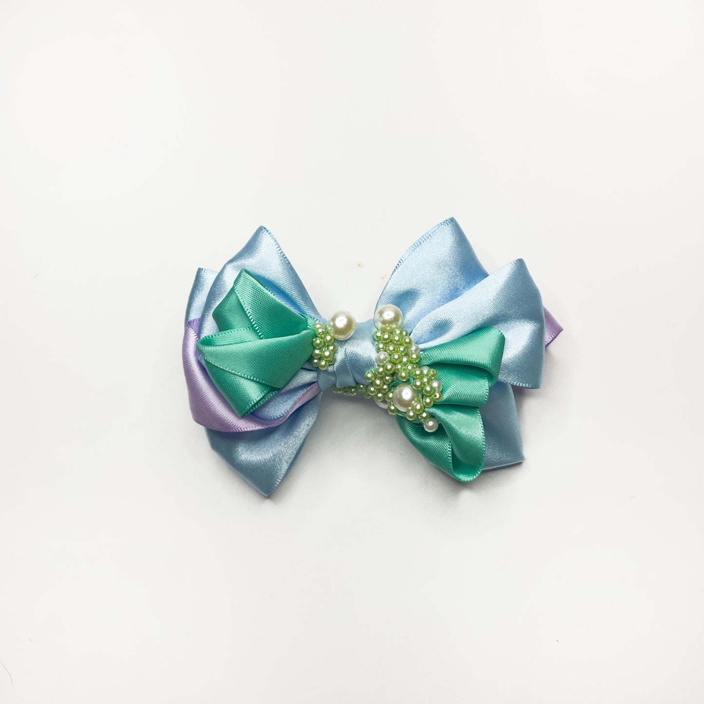 Morning Dreamscape – Multi-Layered Bow Hair Clip with Pearls | Sky Blue, Mint Green, and Soft Lavender Ribbons